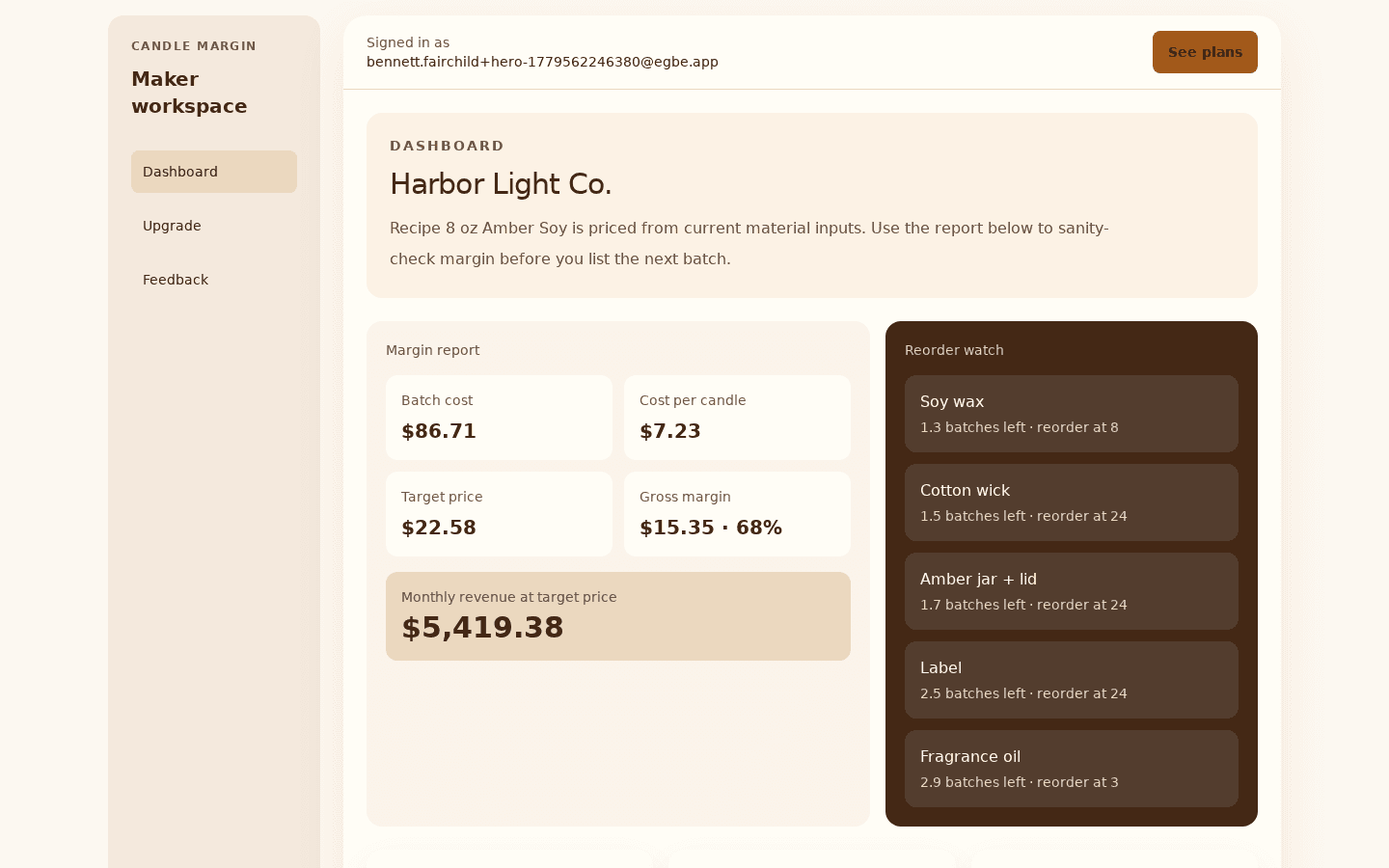 Candle Margin dashboard showing cost per candle, target price, and reorder watch